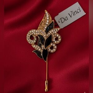 Da Vinci Vintage Rhinestone Black Enamel Hat Pin Brooch